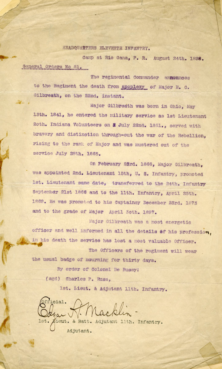 Document officially announcing the death of Erasmus Corwin Gilbreath in Puerto Rico..