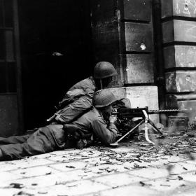 GI Machine Gun Crew Fighting in the Streets of Aachen
