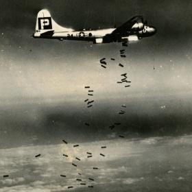B-29 Bomber Releasing Bombs