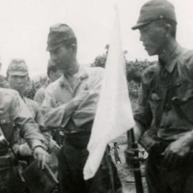 Japanese Soldiers Carry White Flag to American Forces