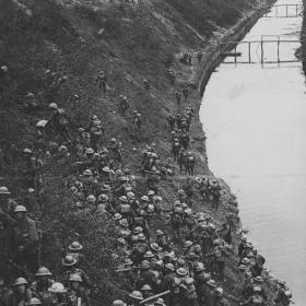 1918 photograph of doughboys at the Saint Quentin Canal. 